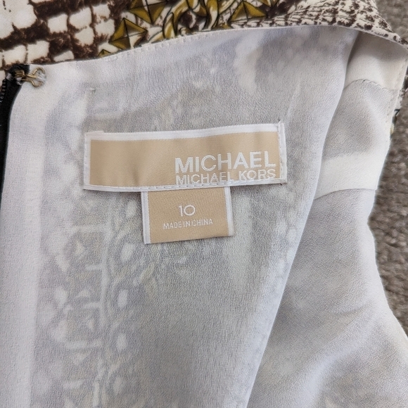 MICHAEL Kors Mixed Snake Print Georgette Shift Gold Chain Brown Dress Size 10 - Picture 13 of 15